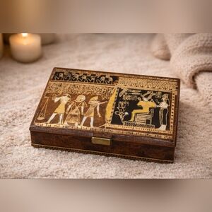Egyptian Motif Decorative Jewelry Box – Faux Leather – 7.5” – Lock Broken
